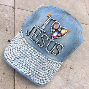 I Love Jesus Bling Clear Rhinestone Cap Hat Distressed Denim Jean